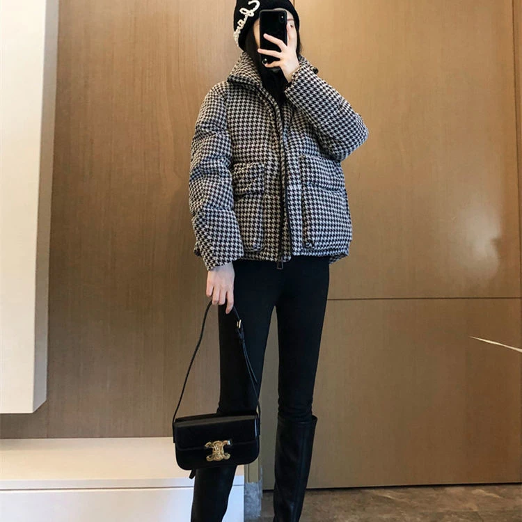 波司豋千鸟格羽绒服服女2023年新款冬季宽松加厚棉衣小个子短款棉