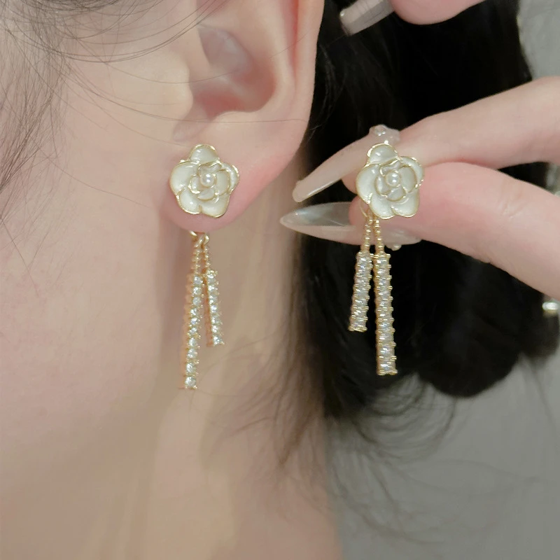 韩版复古山茶花一款两戴流苏气质超仙轻奢小众高级设计感耳钉饰品