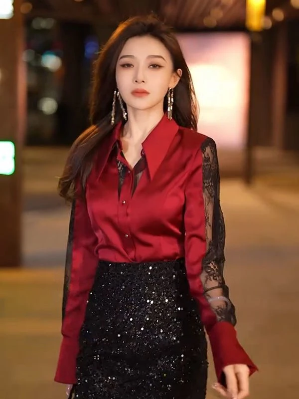 895韩版纯欲时髦蕾丝拼接设计长袖衬衫女2024秋季新款小香风上衣