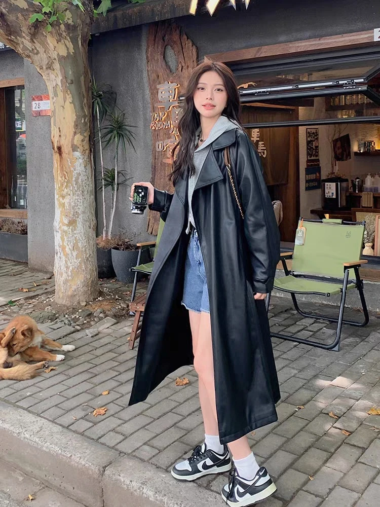 【呢一妮】英伦复古女士中长款皮衣外套休闲时尚黑色风衣2325