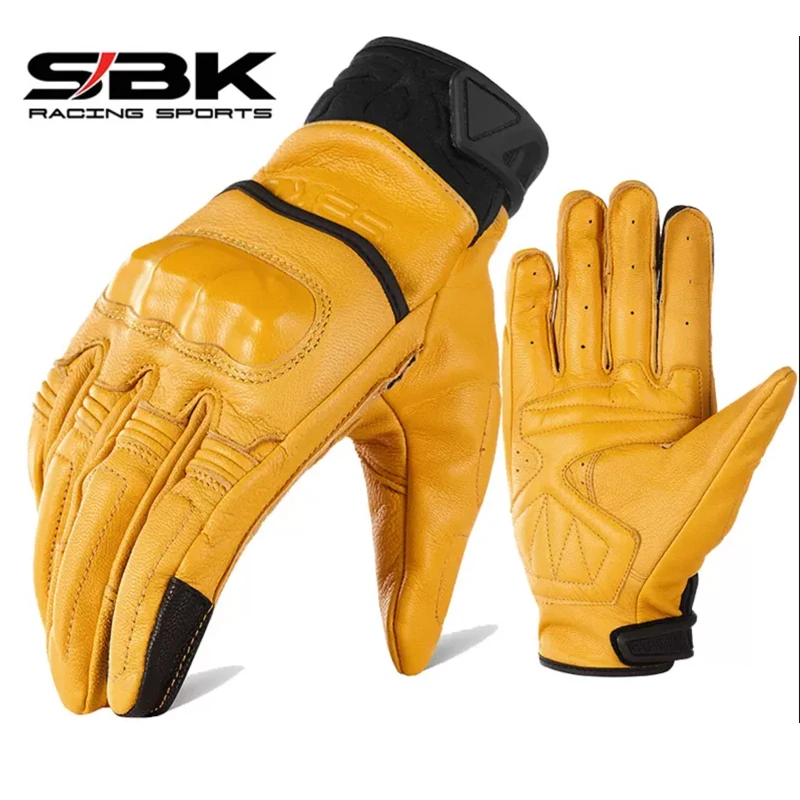 SBK复古摩托车手套男冬季机车骑行保暖手套羊皮防摔骑士手套触屏
