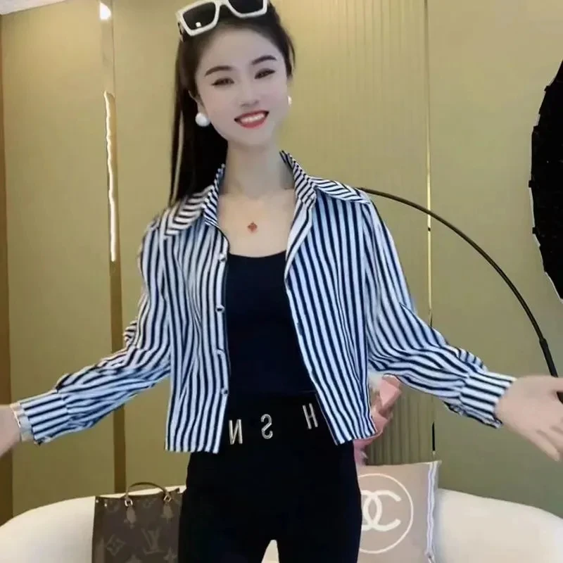 短款休闲设计感雪纺条纹衬衫女2024秋季新款洋气减龄百搭长袖小衫