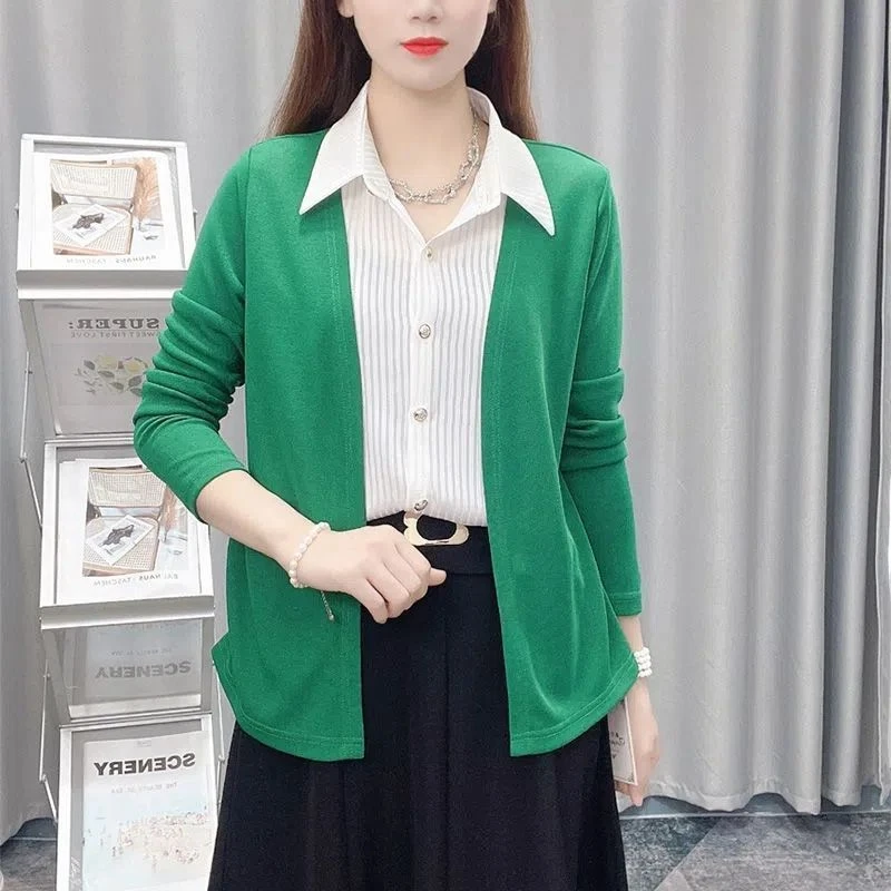 气质假两件拼接长袖开衫女2024秋新款遮肚显瘦衬衣百搭洋气上衣女