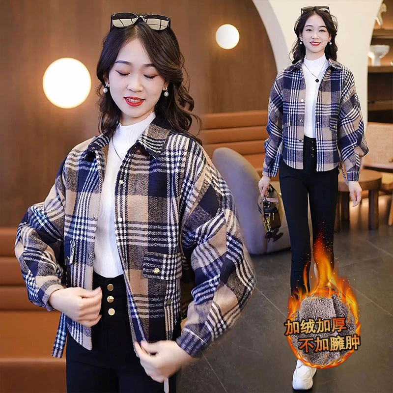 加绒加厚外套女2023秋冬季新款宽松显瘦设计感小众蝙蝠衫格子衬衫