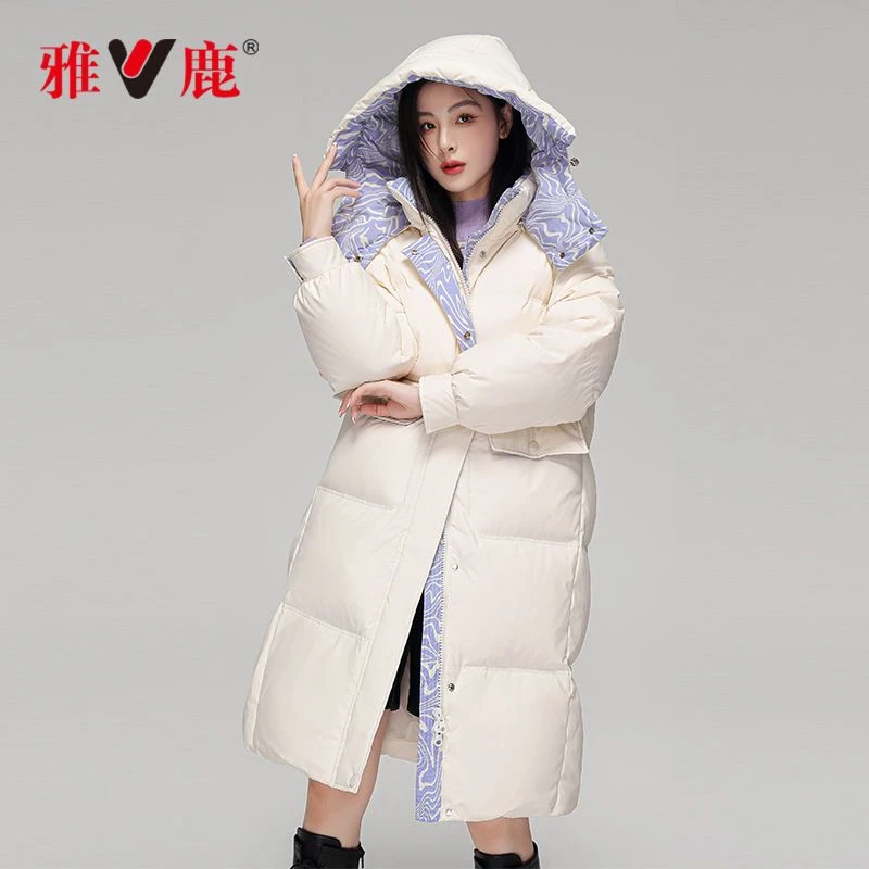 雅鹿中长款羽绒服女士韩版韩版宽松2023新款可拆帽加厚外套潮