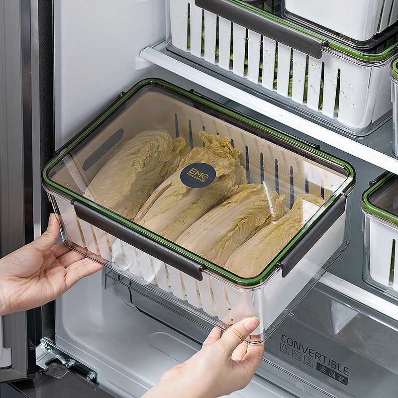 澳玛特加厚双层食品级塑料沥水篮保鲜盒厨房食品密封盒冰箱收纳盒