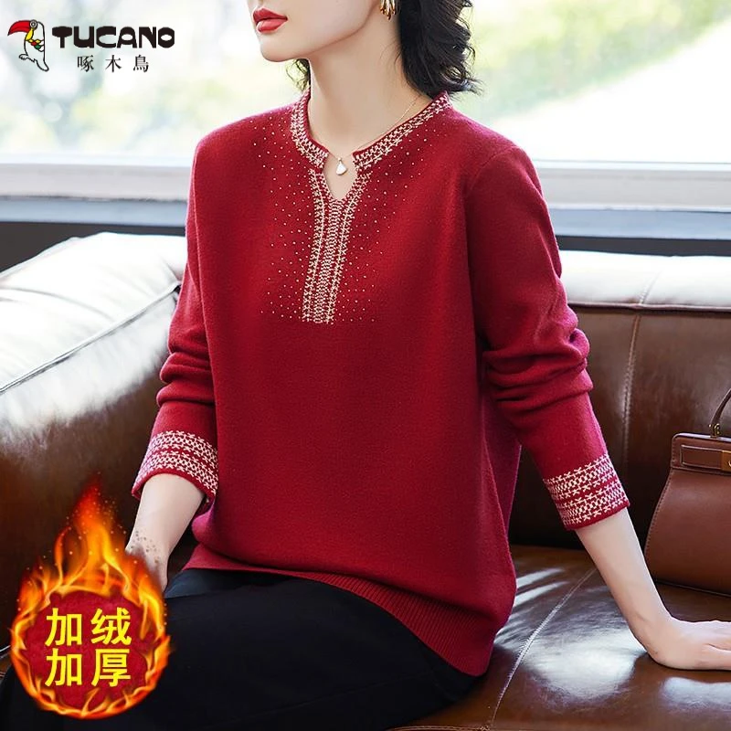 妈妈秋冬装洋派结婚礼服中年女装红色长袖上衣中老年母亲婚宴毛衣