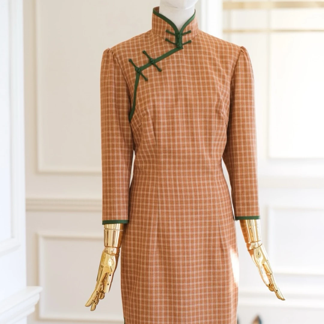 YIWEN CAO设计师原创新中式橘色格子羊毛七分袖包边旗袍复古优雅