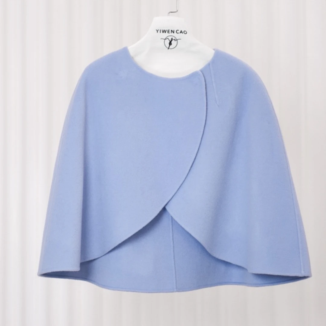 Yiwen Studio设计师原创浅蓝双面羊绒一片式斗篷上衣百搭