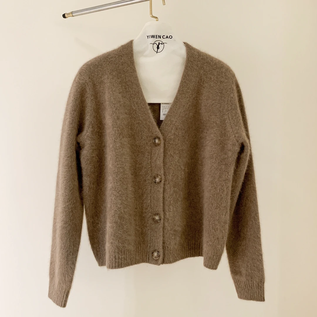 YIWEN CAO设计师原创开衫长袖百搭秋冬外套咖色纯色针织休闲气质
