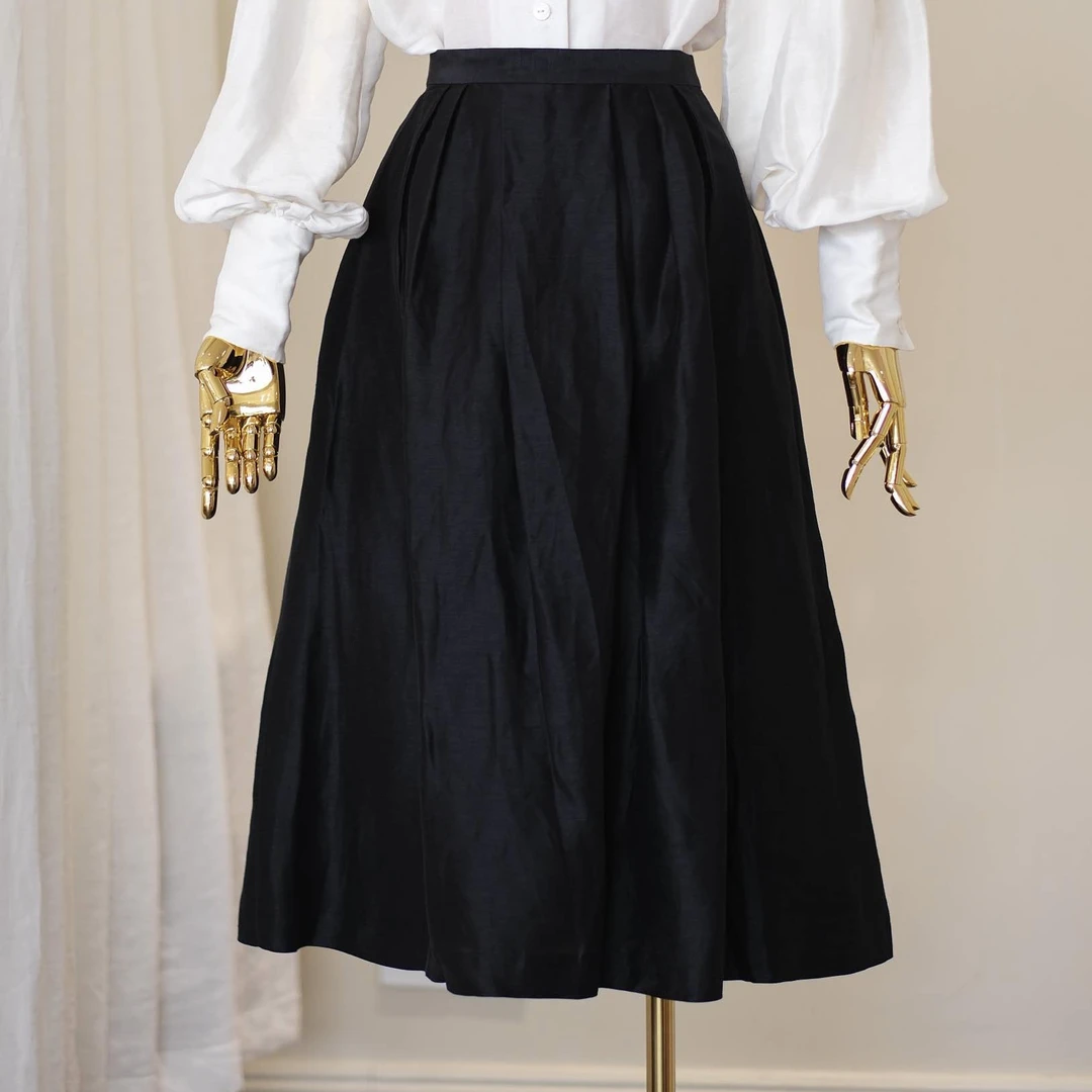 Yiwen Studio设计师原创黑色丝麻半裙高腰百搭A字复古大摆裙春夏
