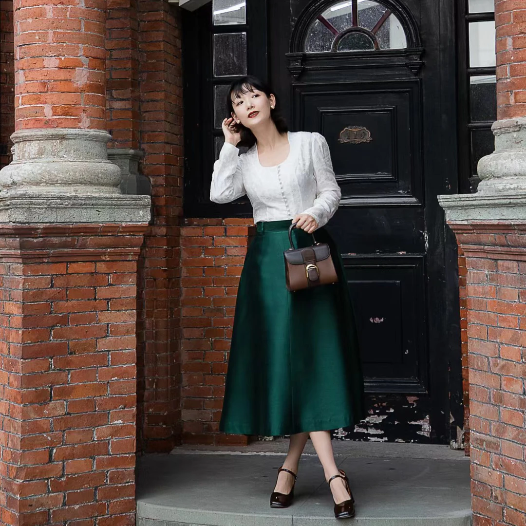 YIWEN STUDIO设计师原创进口桑蚕丝高腰A型复古半身裙春秋百搭