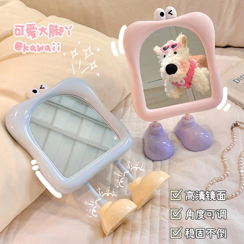 原创大脚化妆镜桌面台式工位梳妆镜学生宿舍简约补妆镜便携小镜子