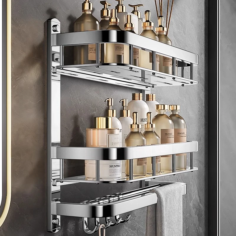 卫生间浴室厕所置物架洗澡洗手间毛巾架一体免打孔加厚不锈钢架子