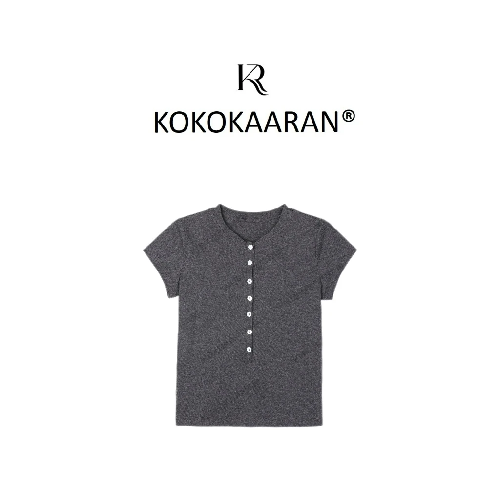 kokokaaran/可可咔伦新品设计感排扣纯色圆领T恤夏季上衣SH24669