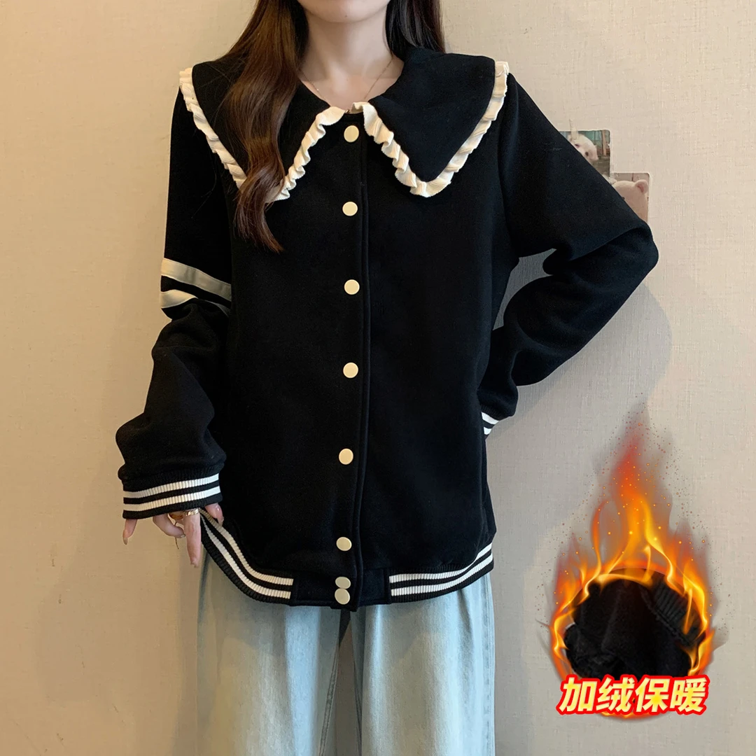 清长大码冬装款胖mm学院风加绒保暖外套减龄娃娃领开衫上衣63833