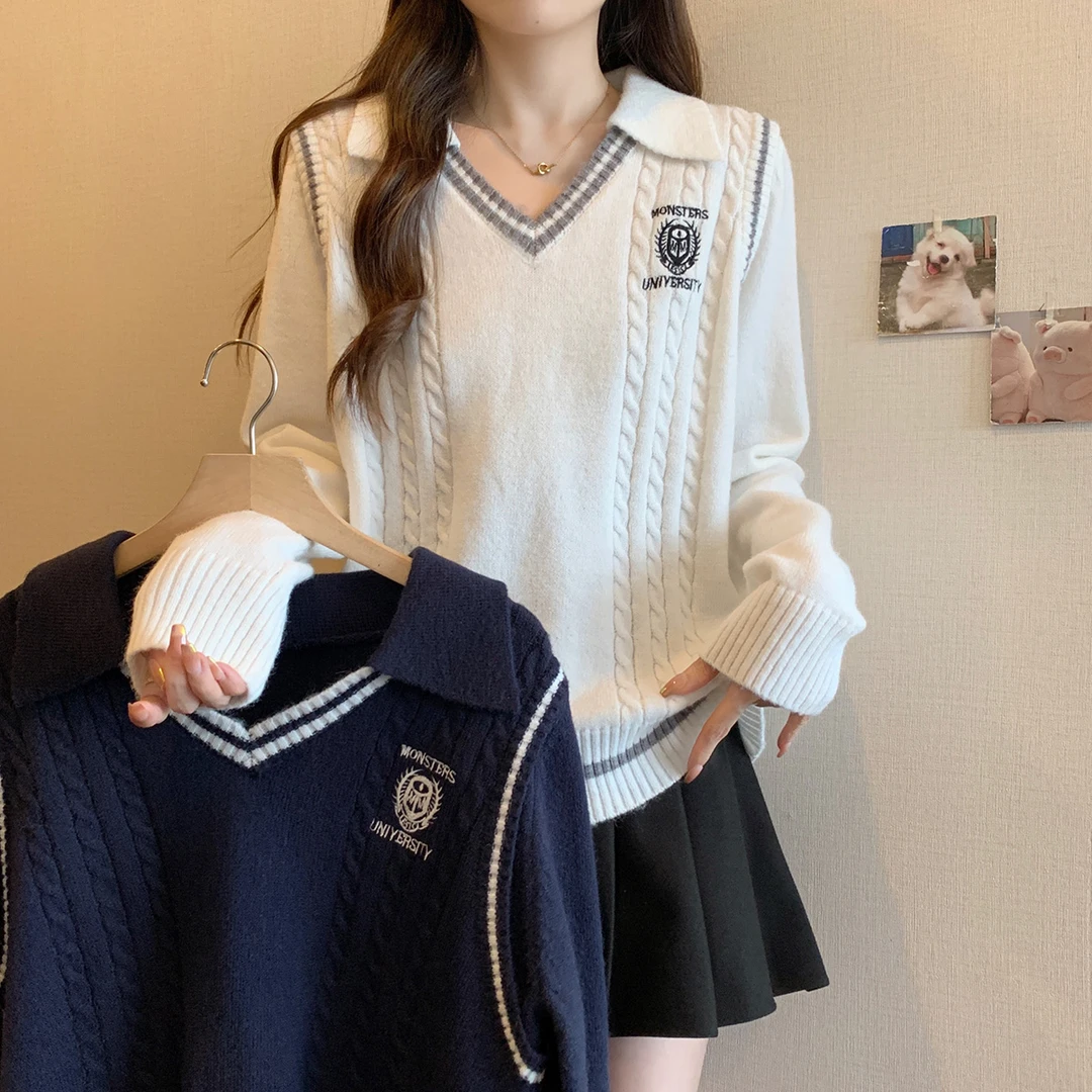 清69057大码女装胖妹妹洋气学院风针织毛衣韩版百搭慵懒拼接上衣