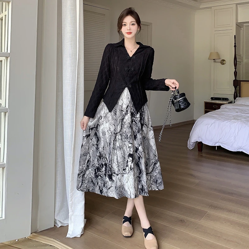 清长61559大码女装2025春季复古新中式上衣高腰半身裙国风两件套