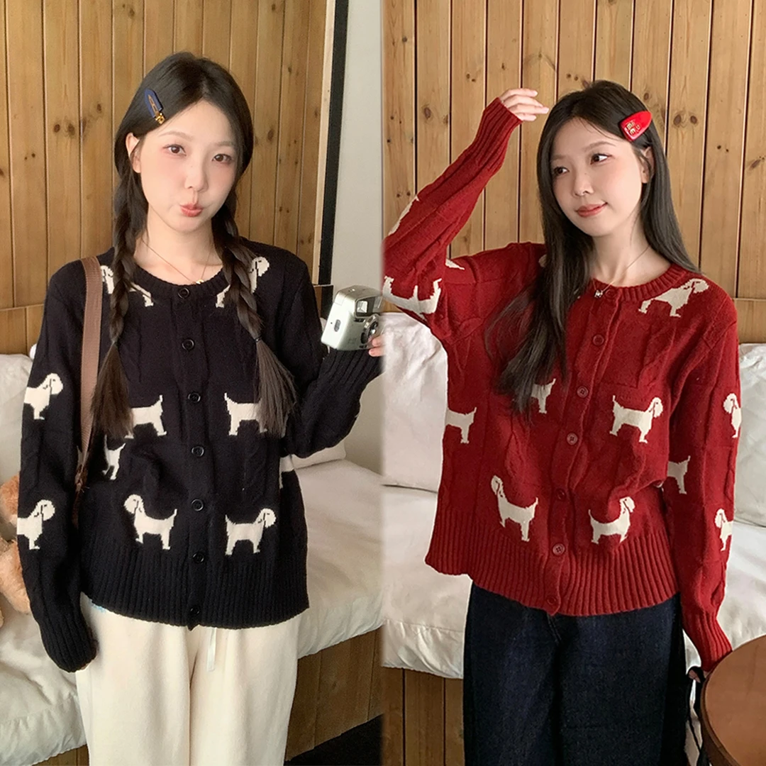 【大雯雯专属】清大码秋冬胖mm慵懒麻花针织开衫小狗毛衣外套68608