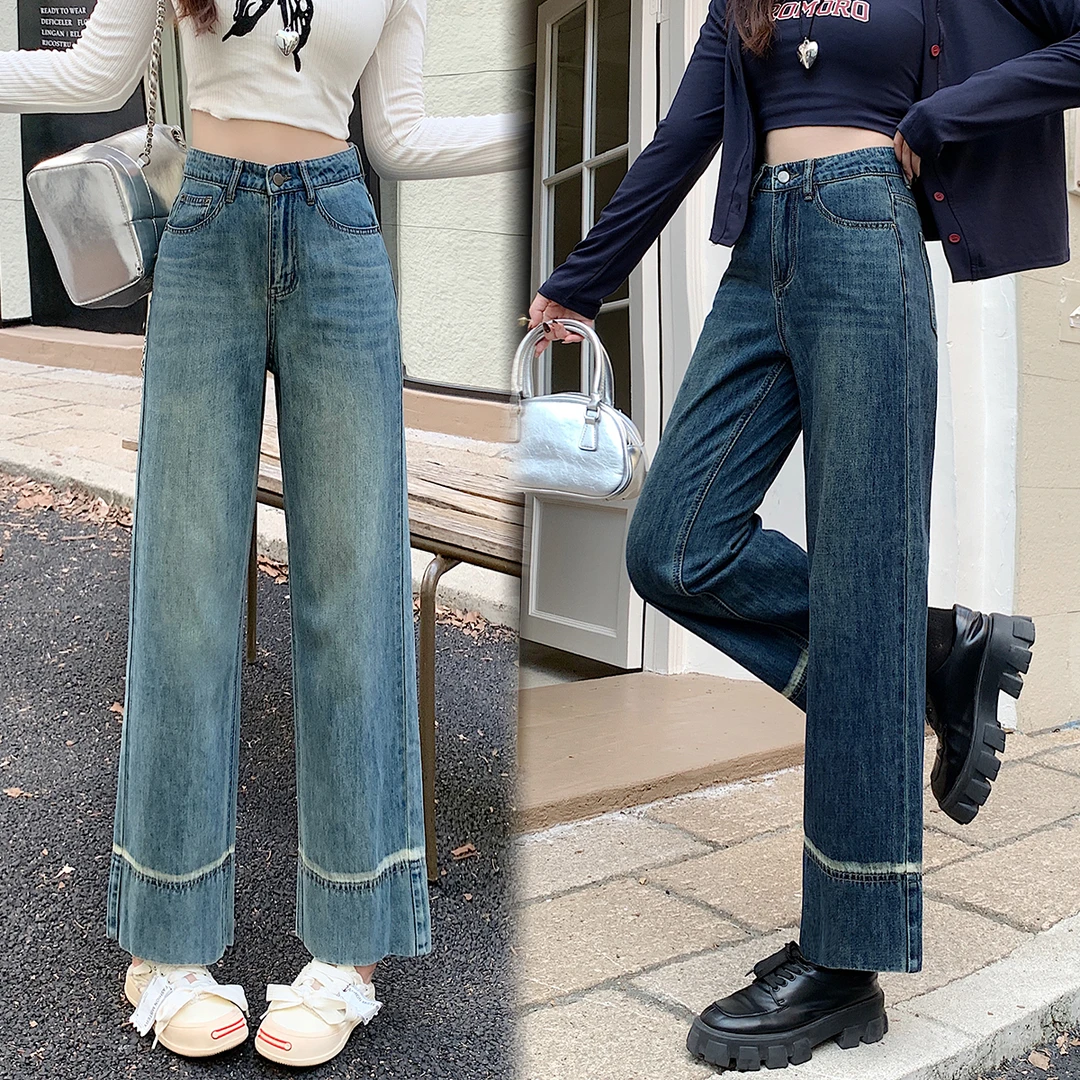 长65470大码2025年春季韩版复古九分阔腿牛仔裤显瘦小个子直筒裤