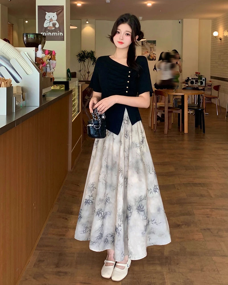 【运费补贴】清长63168大码夏季新中式复古禅意上衣半身裙国风套装