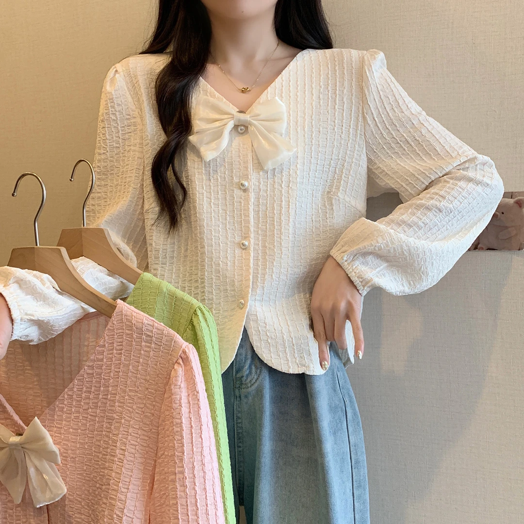 62097胖妹妹大码女装2025春季新款法式蝴蝶结衬衫显瘦百搭上衣