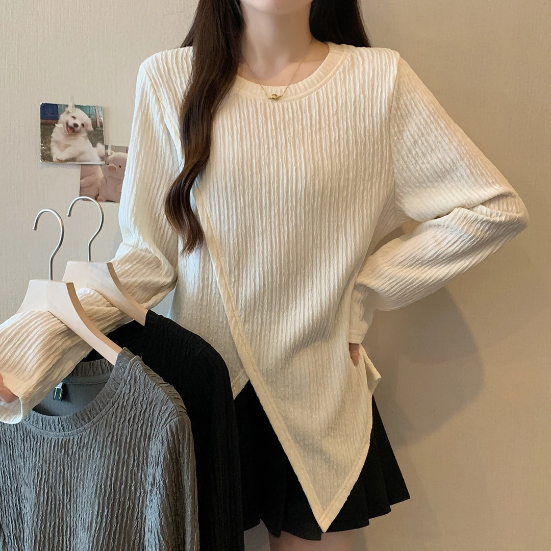 大码秋装新款肌理感不规则开叉打底T恤胖mm遮肚正肩显瘦上衣63551