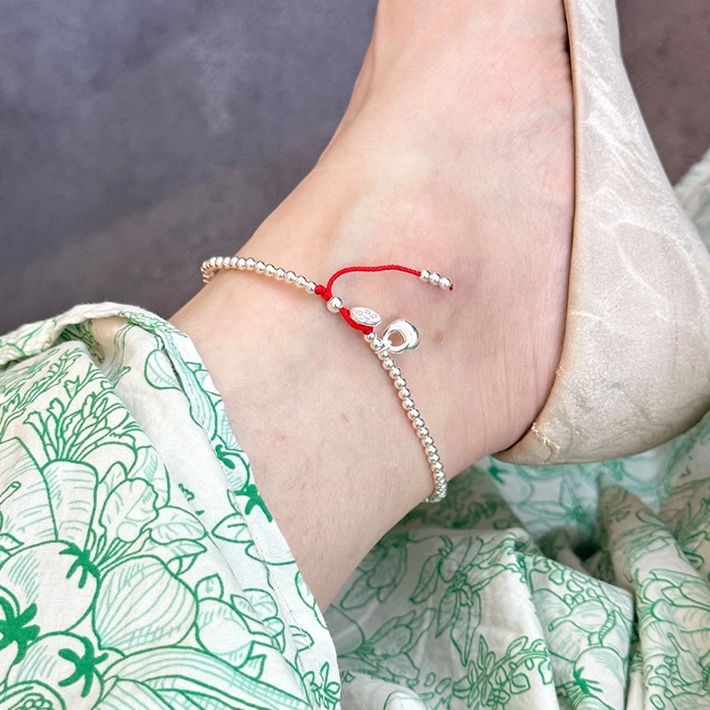 925银脚链 【盘缠脚链】国风时尚简约编织红色光珠女盘缠秤砣平安扣