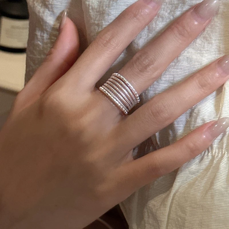 925银戒指 S925纯银韩版小众设计感多层线条戒指韩国风简约基础款