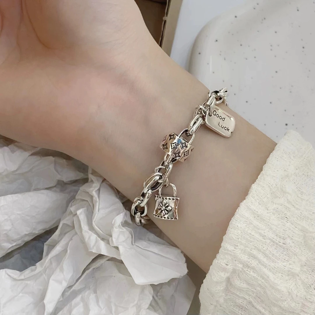 925银手链 S925银经典老花手链个性复古泰银做旧老花锁头手链ins