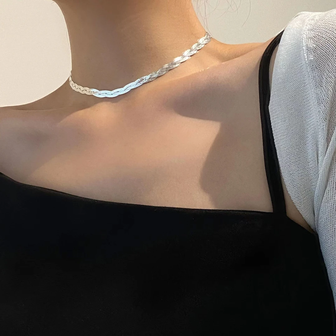 链子925银 项链轻奢意大利进口缠绕裸链亮银-三层编织链条0358