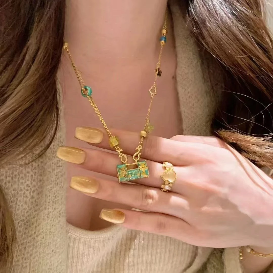 坠链均足银 秋冬新款古法彩平安锁项链新中式宫廷风高级感锁骨链