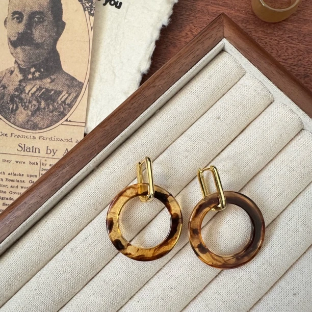 925银耳饰 韩版秋冬新款美拉德豹纹金色耳环港风复古个性耳饰品