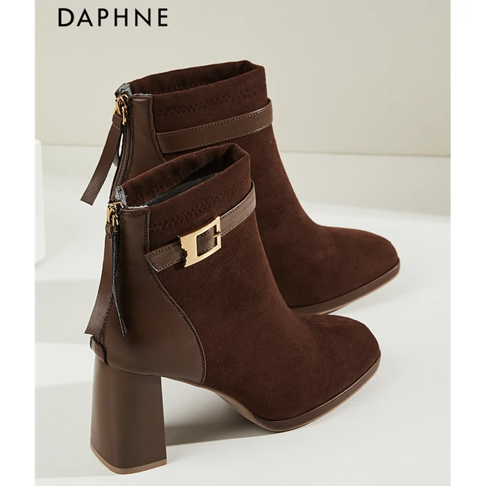 达芙妮粗跟高跟鞋高跟2025新款后拉链时尚女靴弹力瘦瘦短靴女冬季