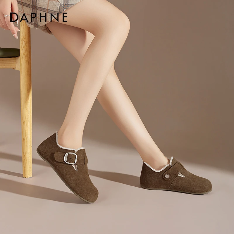 达芙妮真皮加绒勃肯鞋女2025新款秋冬全包博肯鞋女毛毛棉鞋雪地靴