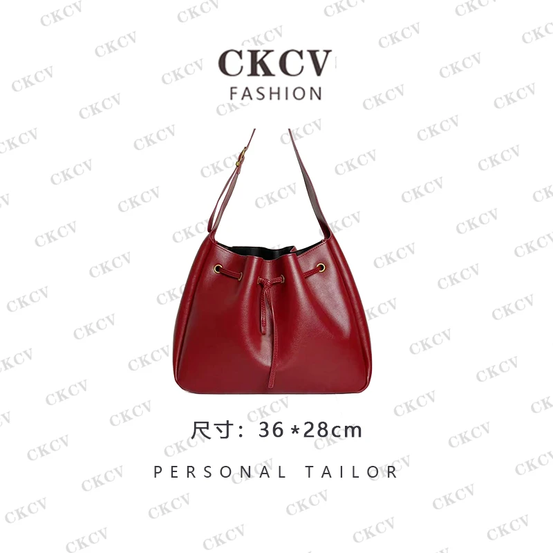 【抽绳水桶单肩包】手工真皮包 红色 A07