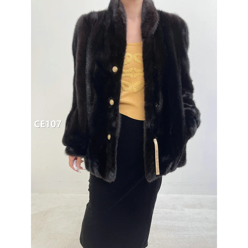 XXXX【CE107】M码 本黑色逆毛水貂大衣外套（肩42胸104衣71袖56）