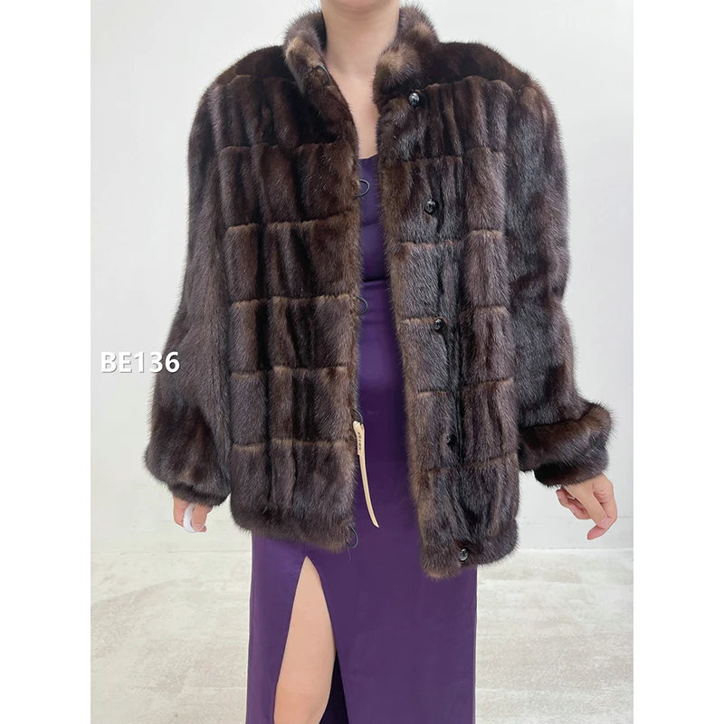 【BE136】L码 老茶棕全抽横纹水貂大衣外套（肩42胸110衣68袖60）