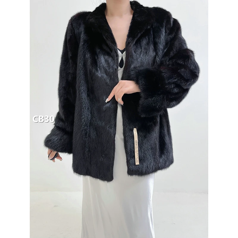 【CB30】L码 棕黑色全抽水貂大衣外套（肩41胸108衣71袖63）