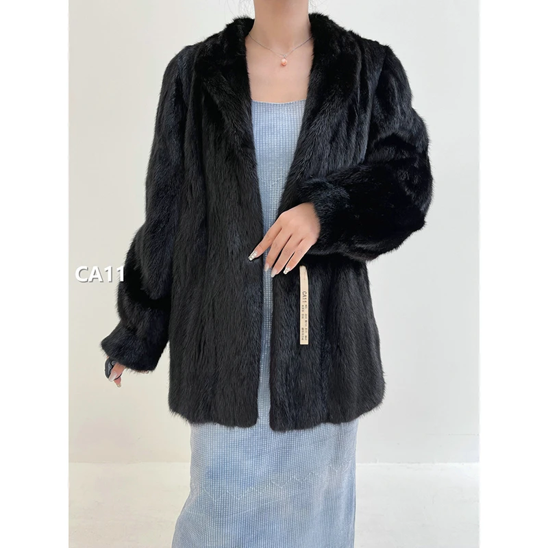 【CA11】M码 本黑色全抽水貂大衣外套（肩40胸104衣72袖60）