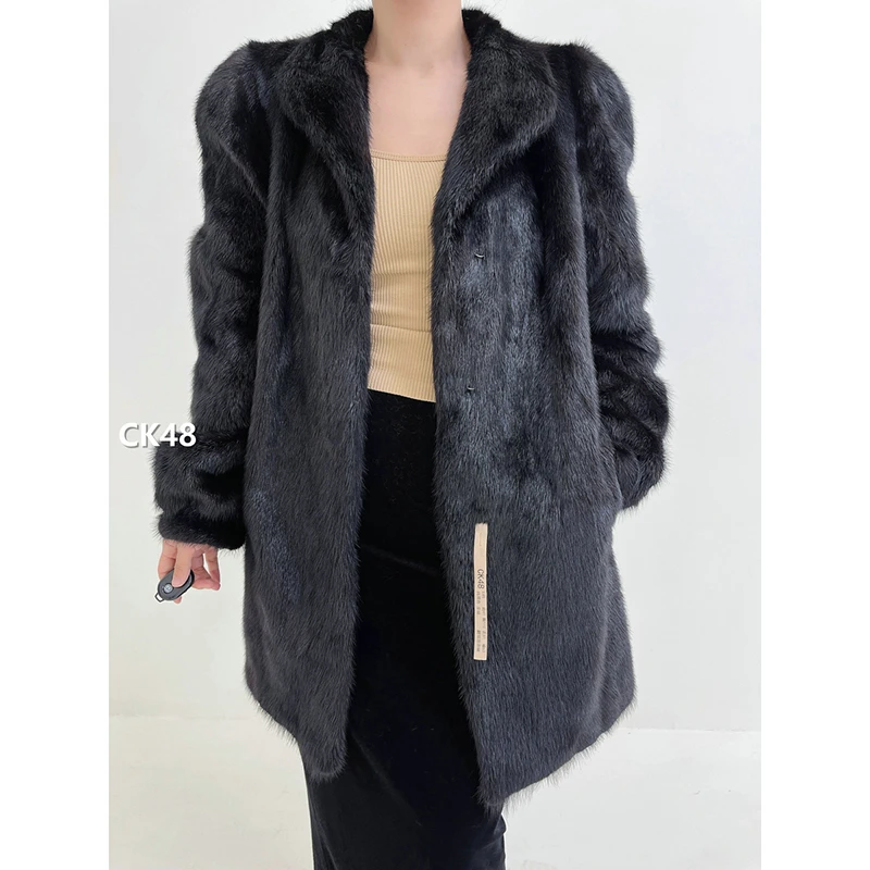 【CK48】L码 纯黑色全抽水貂大衣外套（肩41胸110衣81袖63）