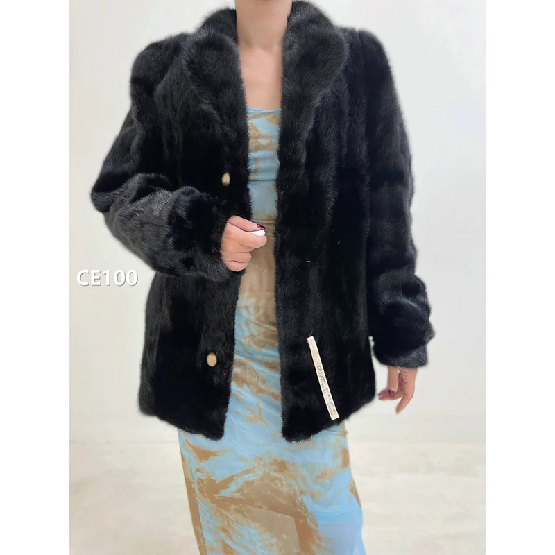 【CE100】M码 本黑色逆毛水貂大衣外套（肩42胸106衣70袖57）