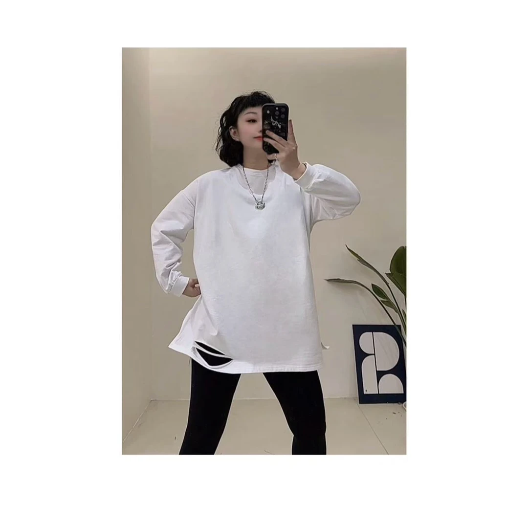 【破洞大白】百搭必入款破洞加绒白T恤9001