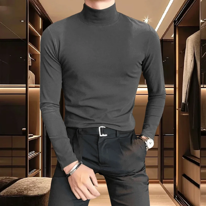 秋冬新款男士半高领打底衫小众个性休闲内搭保暖双面德绒长袖