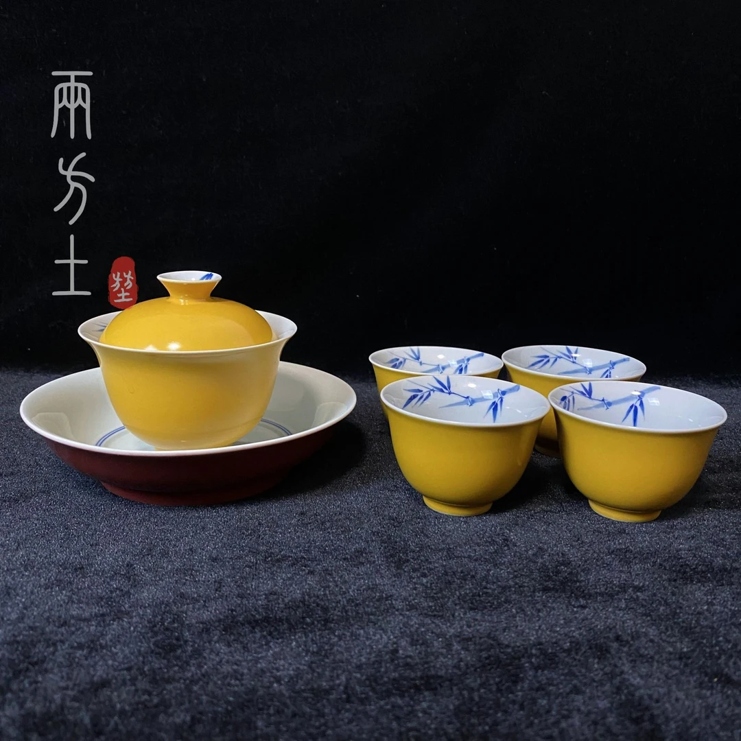 两方土 | 柘黄手绘青竹福灵盖碗陶瓷盖碗品茗杯主人杯岩茶套组