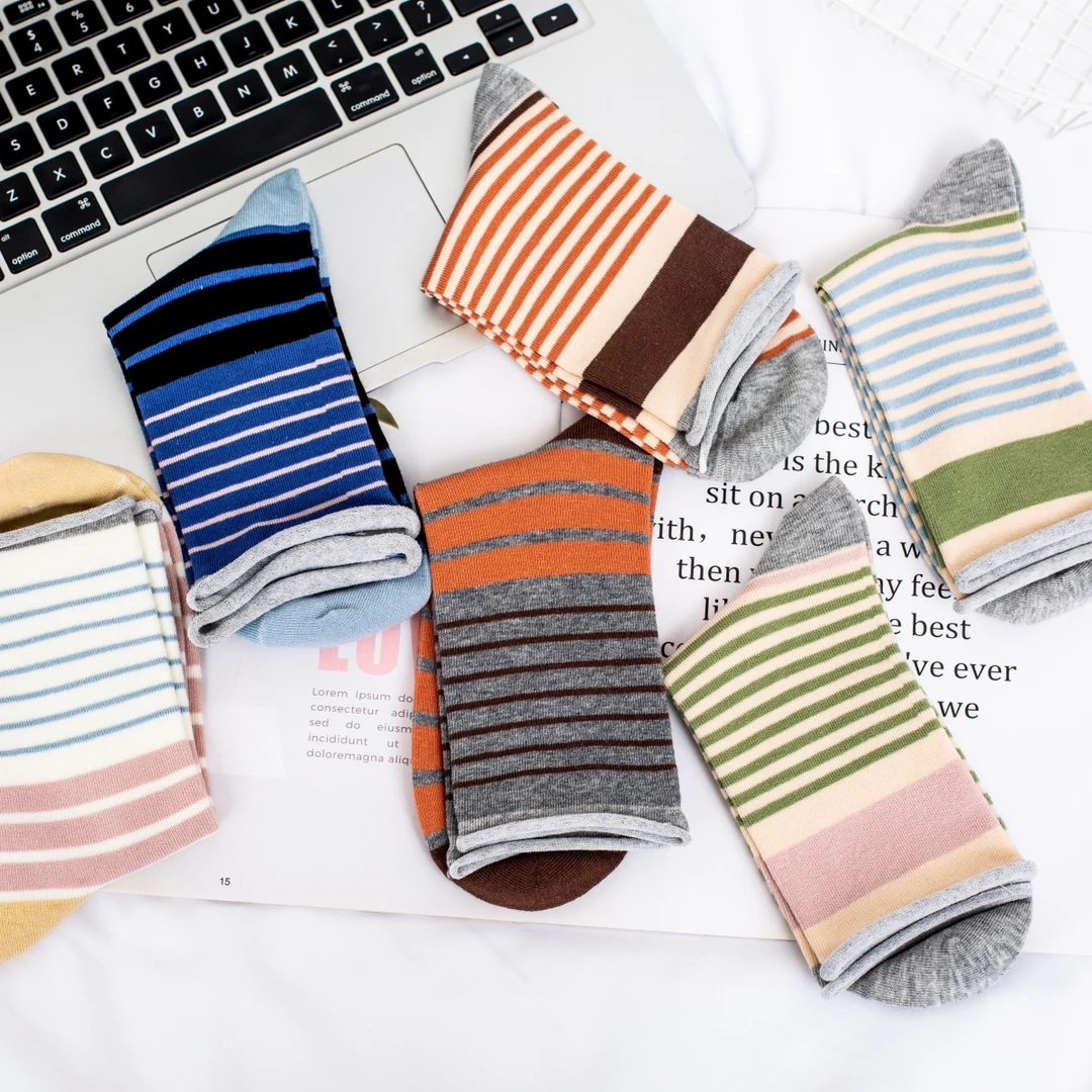 条纹袜子女中筒袜春秋款ins潮纯棉卷边松口无骨月子袜秋冬堆堆袜