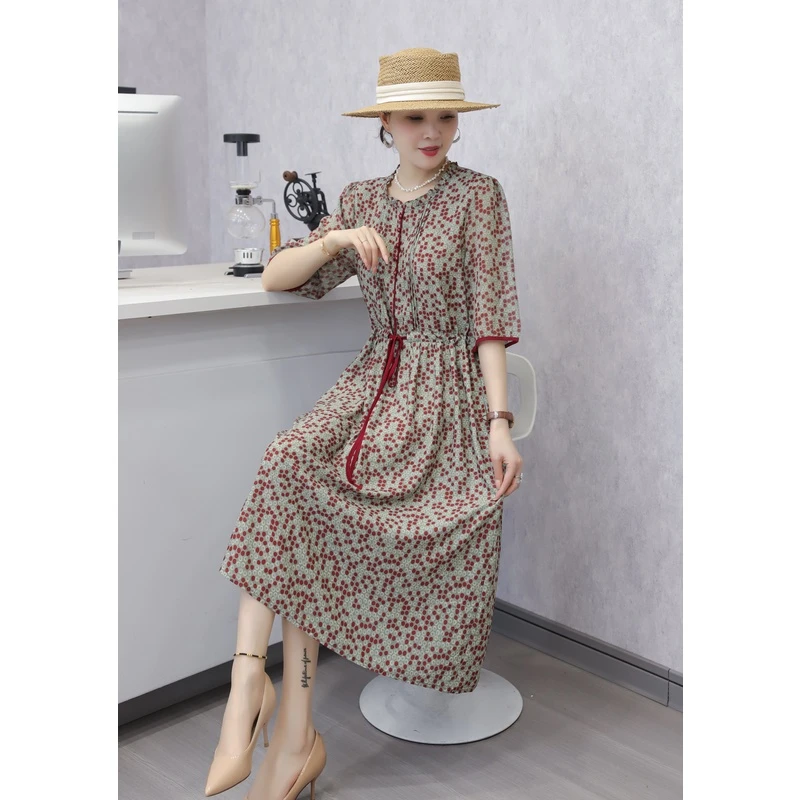 【画姿朵】5157新款花边领红色波点收腰显瘦妈妈气质时尚女装连衣裙