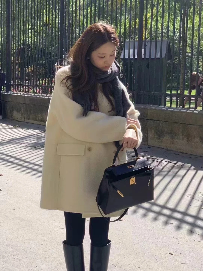 2025冬季新款韩国东大门OU*CE翻领双排扣苏力羊毛大衣外套