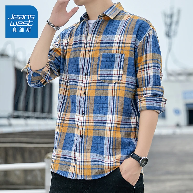 真维斯格子衬衫男士长袖春季韩版时尚潮流百搭休闲男装衬衣春秋款
