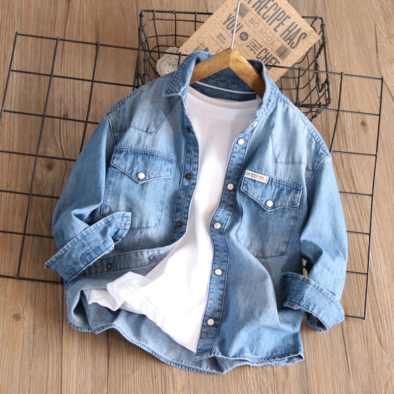 春秋款男童长袖牛仔衬衫纯棉休闲宽松外套儿童洋气休闲衬衣童装潮